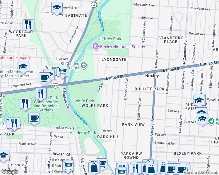 map of restaurants, bars, coffee shops, grocery stores, and more near 43 Preston Rd in Columbus