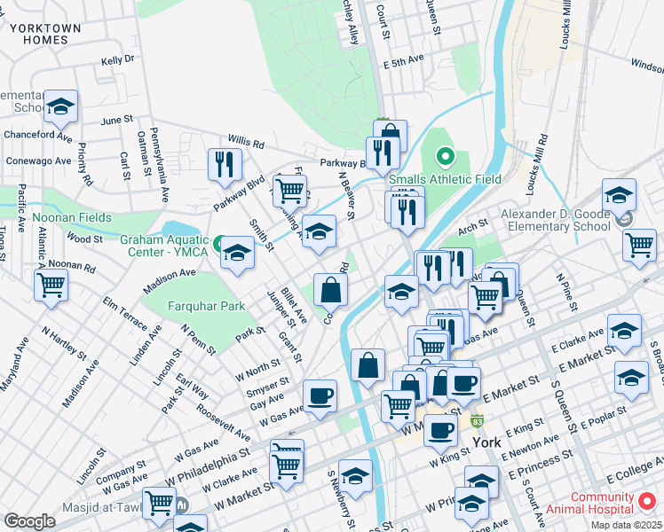 map of restaurants, bars, coffee shops, grocery stores, and more near 150 Jefferson Avenue in York