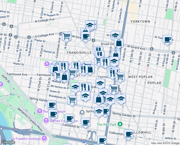 map of restaurants, bars, coffee shops, grocery stores, and more near 717 North 17th Street in Philadelphia