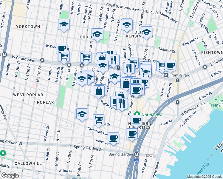 map of restaurants, bars, coffee shops, grocery stores, and more near 973 North Leithgow Street in Philadelphia