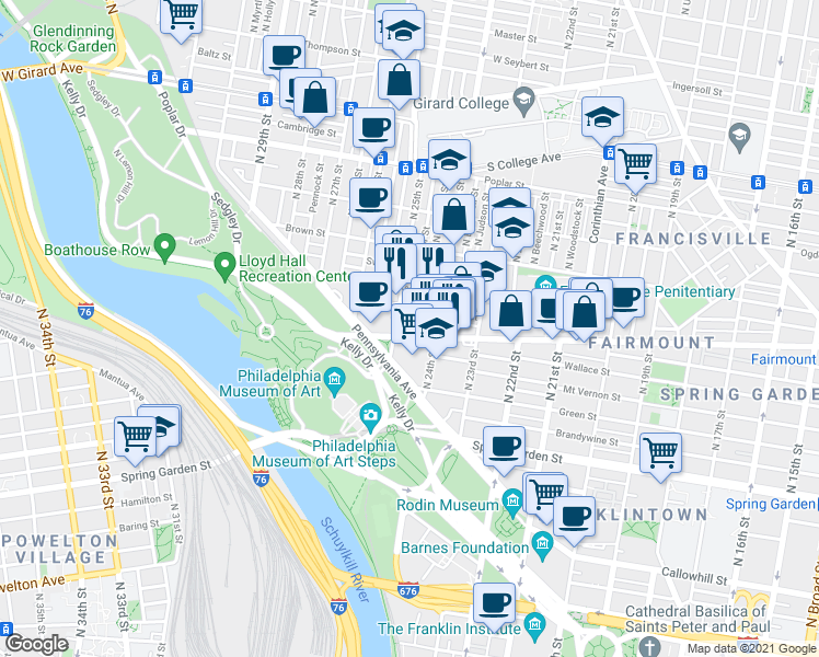 map of restaurants, bars, coffee shops, grocery stores, and more near 2435 Fairmount Avenue in Philadelphia