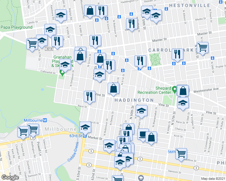 map of restaurants, bars, coffee shops, grocery stores, and more near 327 North Horton Street in Philadelphia