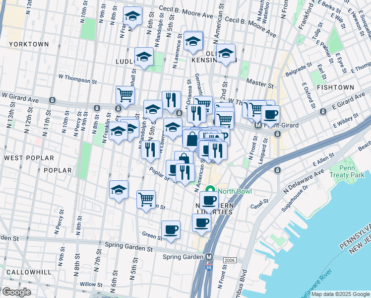 map of restaurants, bars, coffee shops, grocery stores, and more near 316R West George Street in Philadelphia