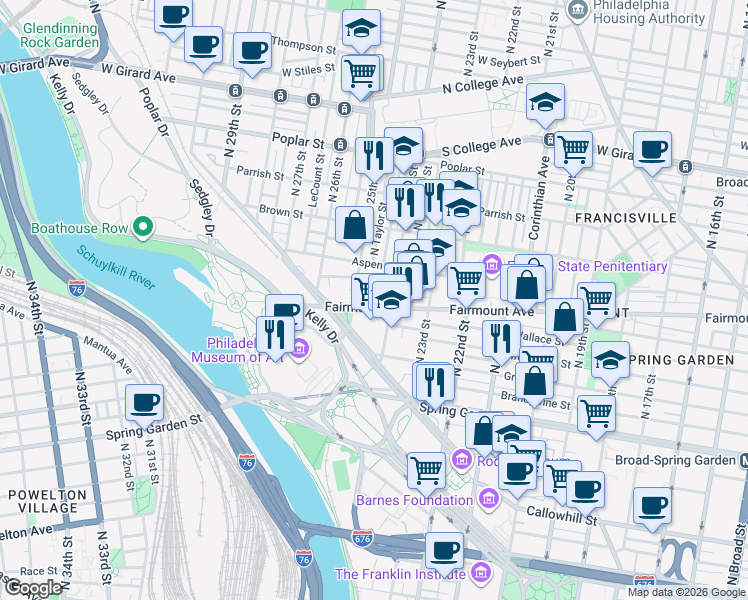 map of restaurants, bars, coffee shops, grocery stores, and more near in Philadelphia