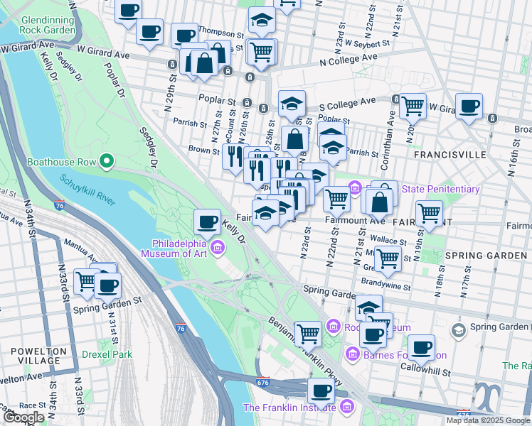 map of restaurants, bars, coffee shops, grocery stores, and more near 2435 Fairmount Avenue in Philadelphia