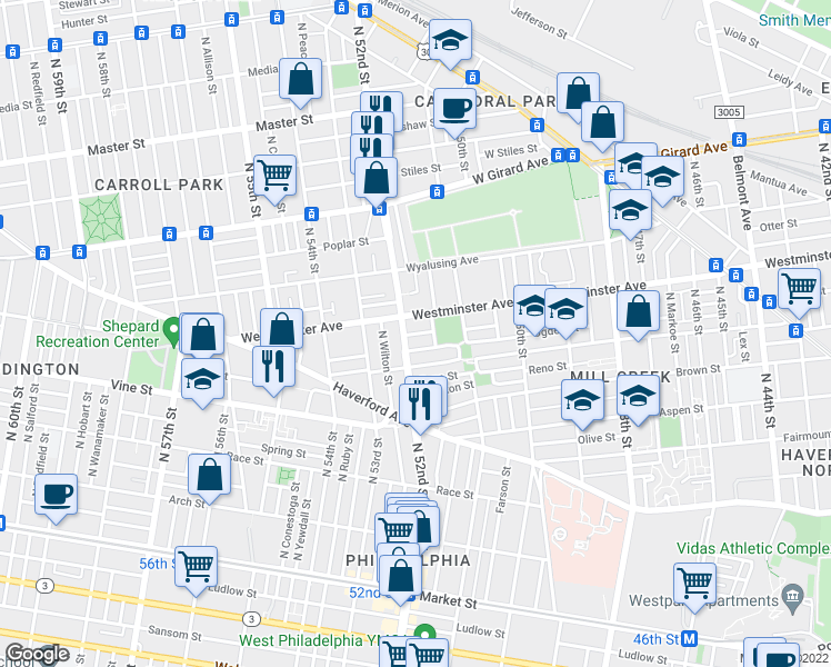 map of restaurants, bars, coffee shops, grocery stores, and more near 5158 Hoopes St in Philadelphia