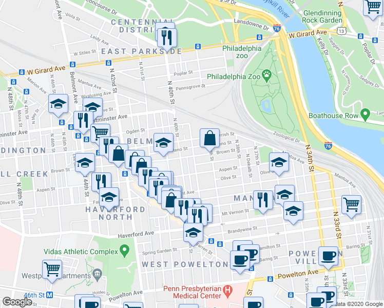 map of restaurants, bars, coffee shops, grocery stores, and more near 3945 Brown Street in Philadelphia