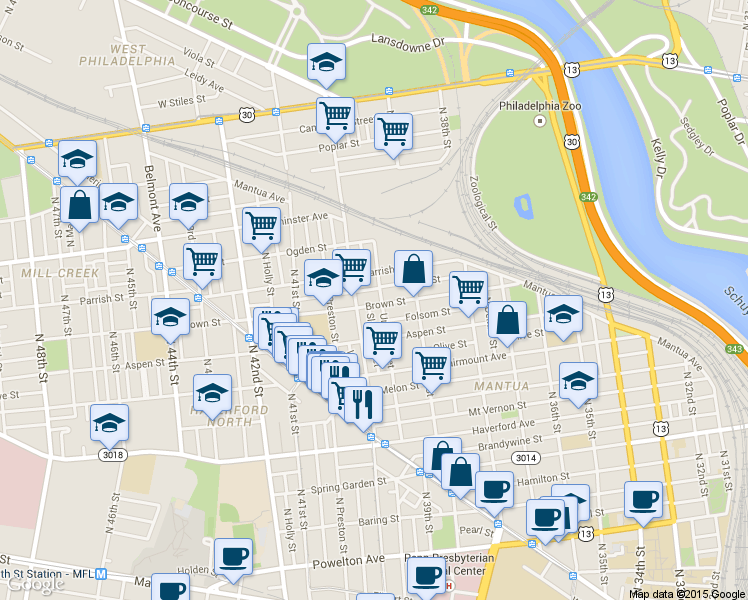 map of restaurants, bars, coffee shops, grocery stores, and more near 3953 Brown Street in Philadelphia