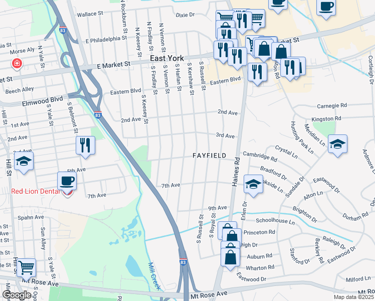 map of restaurants, bars, coffee shops, grocery stores, and more near 351 South Harlan Street in East York