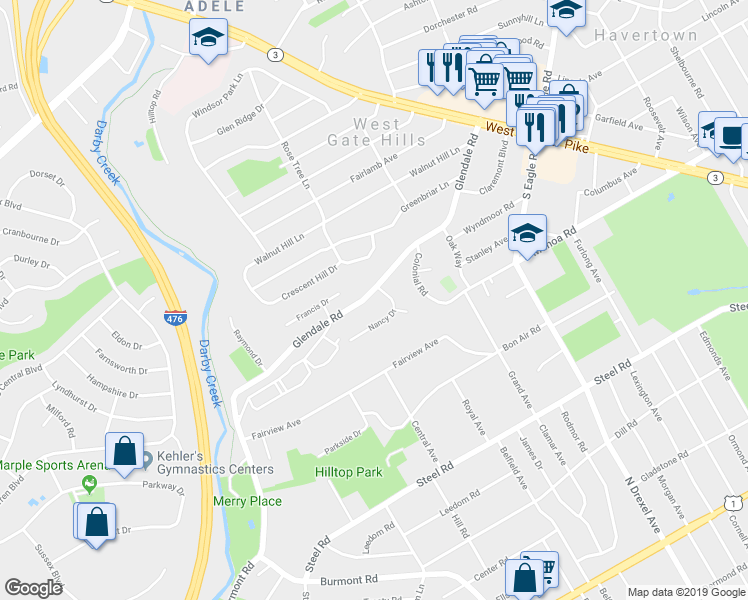 map of restaurants, bars, coffee shops, grocery stores, and more near 303 Glendale Road in Havertown