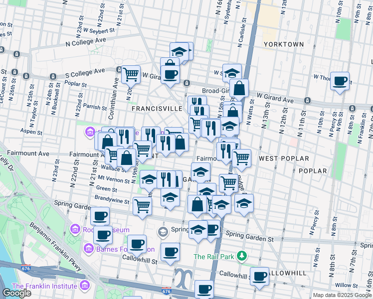 map of restaurants, bars, coffee shops, grocery stores, and more near 1619 Olive Street in Philadelphia