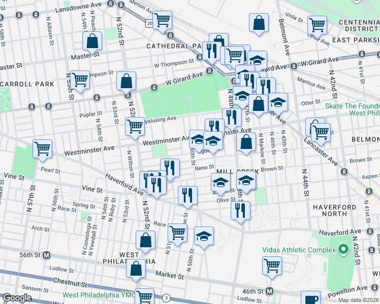 map of restaurants, bars, coffee shops, grocery stores, and more near 868 North 50th Street in Philadelphia