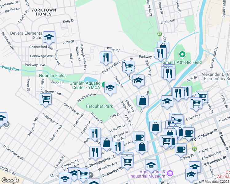 map of restaurants, bars, coffee shops, grocery stores, and more near 525 North Newberry Street in York