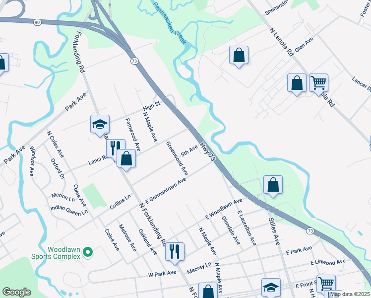 map of restaurants, bars, coffee shops, grocery stores, and more near 221 5th Avenue in Maple Shade
