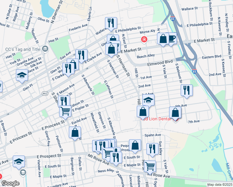 map of restaurants, bars, coffee shops, grocery stores, and more near 1138 East Poplar Street in York