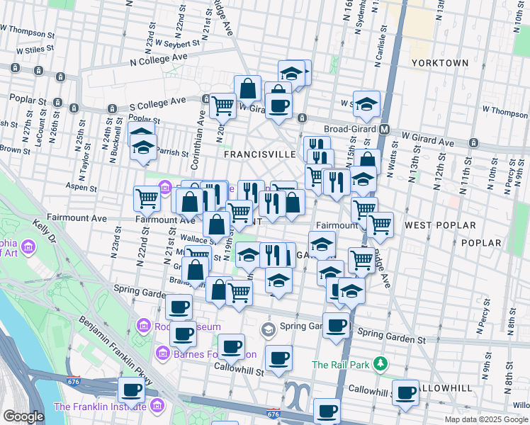 map of restaurants, bars, coffee shops, grocery stores, and more near 703-05 North 18th Street in Philadelphia