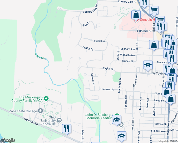 map of restaurants, bars, coffee shops, grocery stores, and more near 2385 Carmen Drive in Zanesville