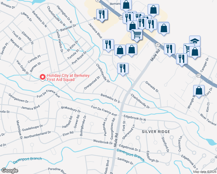 map of restaurants, bars, coffee shops, grocery stores, and more near 10 Porlamar Court in Berkeley Township