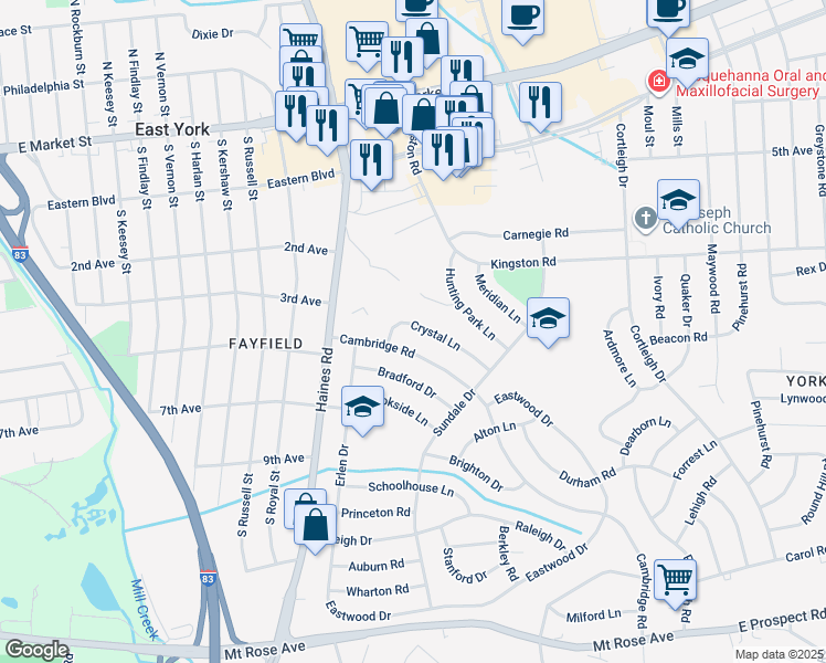 map of restaurants, bars, coffee shops, grocery stores, and more near 2438 Crystal Lane in East York