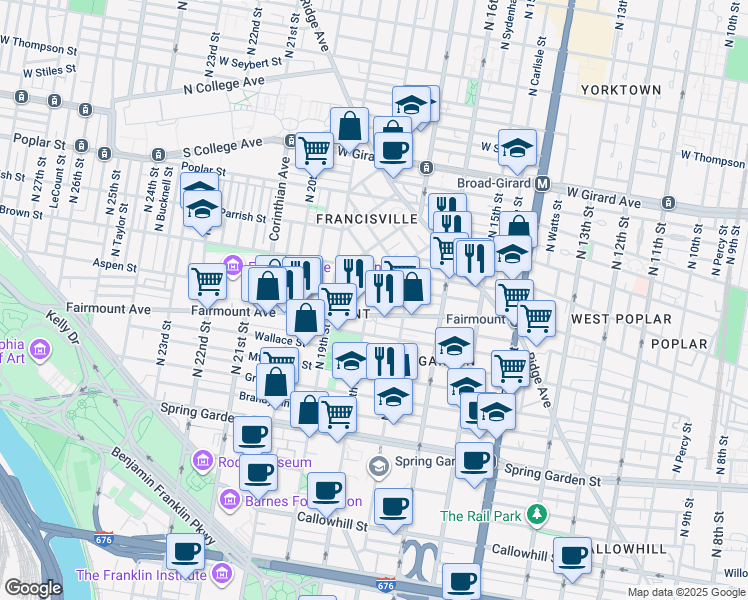 map of restaurants, bars, coffee shops, grocery stores, and more near 703-05 North 18th Street in Philadelphia
