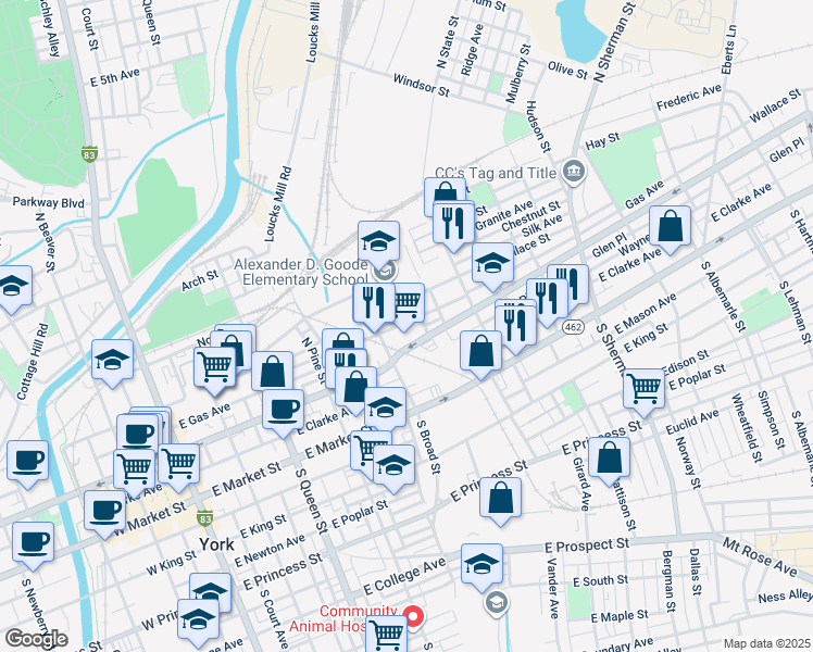map of restaurants, bars, coffee shops, grocery stores, and more near 424 Walnut Street in York