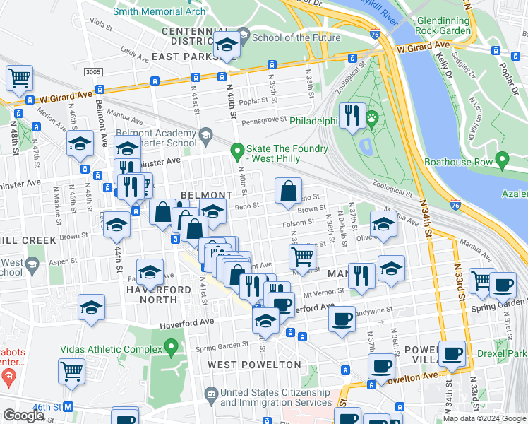 map of restaurants, bars, coffee shops, grocery stores, and more near 3945 Brown Street in Philadelphia