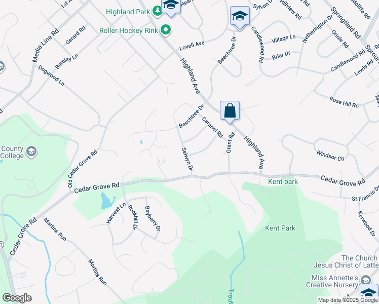 map of restaurants, bars, coffee shops, grocery stores, and more near 2507 Selwyn Drive in Broomall