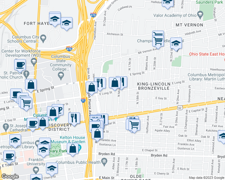 map of restaurants, bars, coffee shops, grocery stores, and more near 820 East Long Street in Columbus