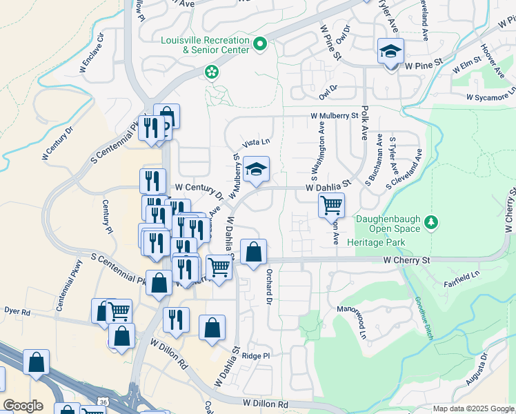 map of restaurants, bars, coffee shops, grocery stores, and more near 828 West Mahogany Circle in Louisville