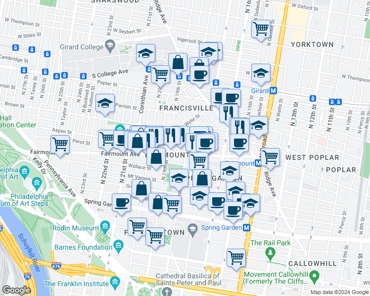 map of restaurants, bars, coffee shops, grocery stores, and more near 704 North 18th Street in Philadelphia