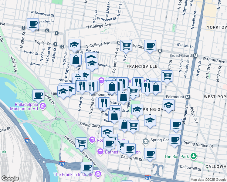 map of restaurants, bars, coffee shops, grocery stores, and more near 705 Corinthian Avenue in Philadelphia