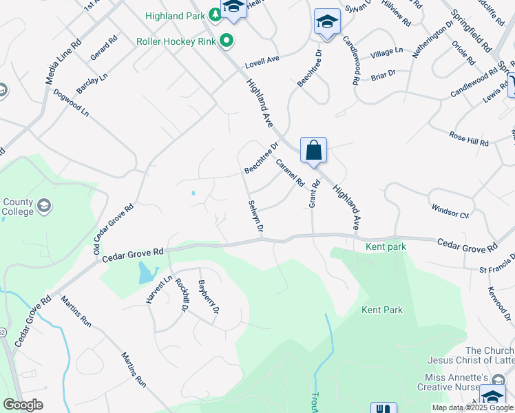 map of restaurants, bars, coffee shops, grocery stores, and more near 2507 Selwyn Drive in Broomall