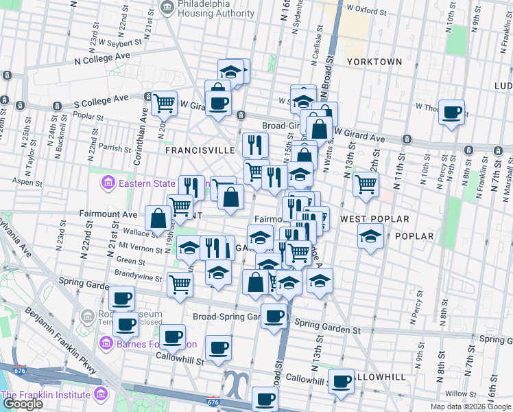 map of restaurants, bars, coffee shops, grocery stores, and more near 717 North 16th Street in Philadelphia