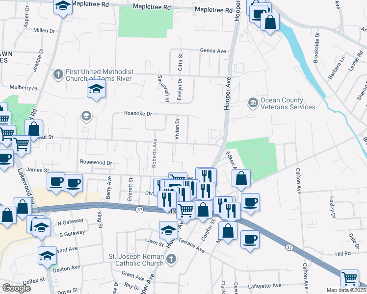 map of restaurants, bars, coffee shops, grocery stores, and more near 160 James Street in Toms River