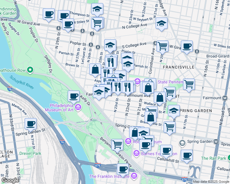 map of restaurants, bars, coffee shops, grocery stores, and more near 2314 Olive Street in Philadelphia