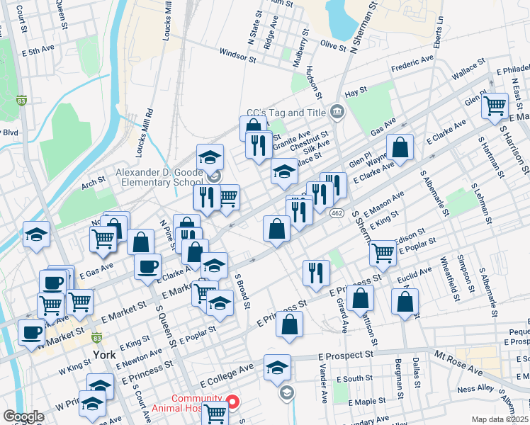 map of restaurants, bars, coffee shops, grocery stores, and more near 518 East Philadelphia Street in York