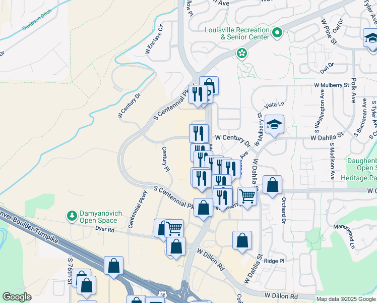 map of restaurants, bars, coffee shops, grocery stores, and more near 245 Century Circle in Louisville