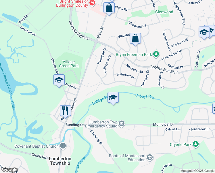 map of restaurants, bars, coffee shops, grocery stores, and more near 104 Harrogate Drive in Lumberton