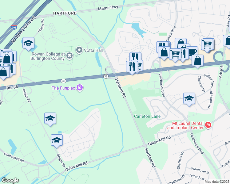 map of restaurants, bars, coffee shops, grocery stores, and more near 210 Hartford Road in Mount Laurel Township