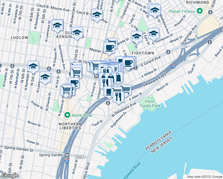 map of restaurants, bars, coffee shops, grocery stores, and more near 150 East Wildey Street in Philadelphia