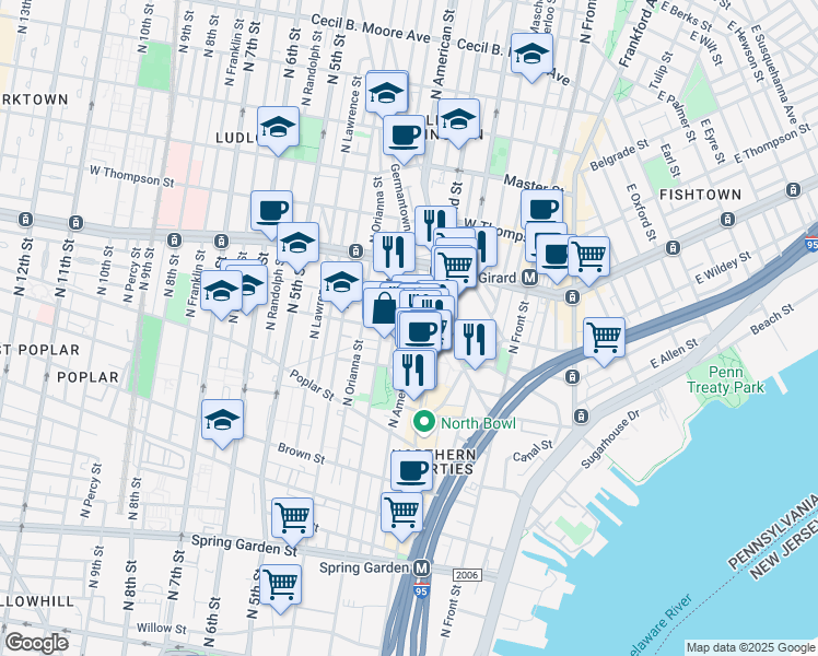 map of restaurants, bars, coffee shops, grocery stores, and more near 222 West George Street in Philadelphia