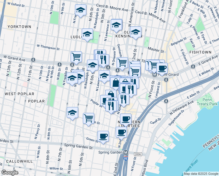 map of restaurants, bars, coffee shops, grocery stores, and more near 1031 North Orianna Street in Philadelphia