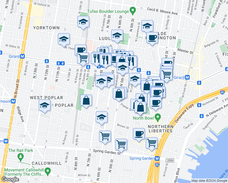 map of restaurants, bars, coffee shops, grocery stores, and more near 915 North 6th Street in Philadelphia