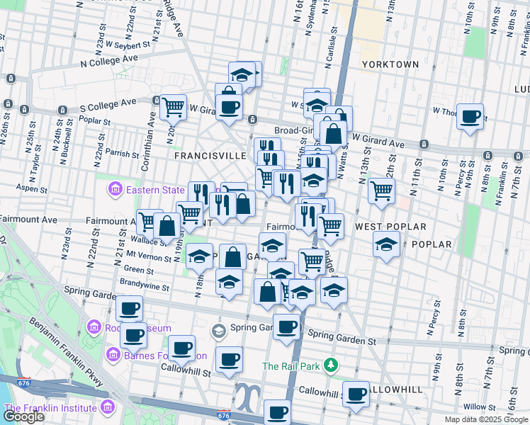 map of restaurants, bars, coffee shops, grocery stores, and more near 711 North 16th Street in Philadelphia