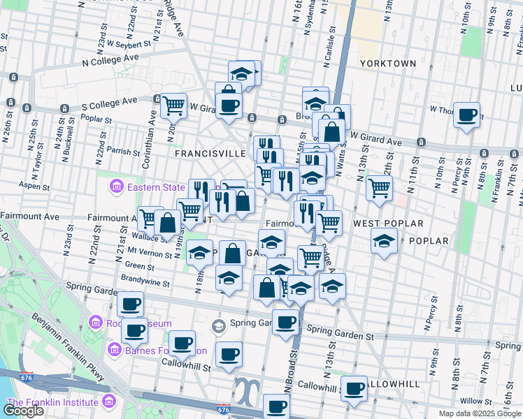 map of restaurants, bars, coffee shops, grocery stores, and more near 711 North 16th Street in Philadelphia