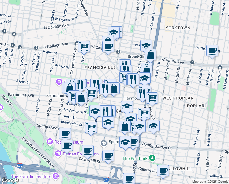 map of restaurants, bars, coffee shops, grocery stores, and more near 711 North 17th Street in Philadelphia