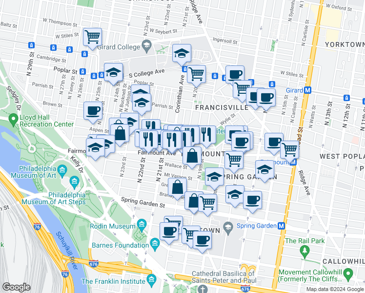 map of restaurants, bars, coffee shops, grocery stores, and more near in Philadelphia