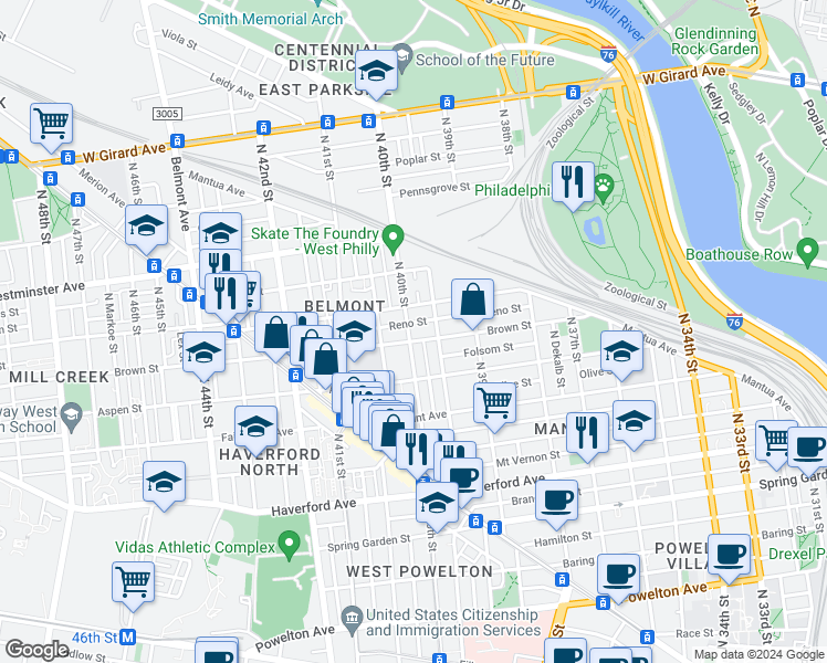 map of restaurants, bars, coffee shops, grocery stores, and more near 3931 Brown Street in Philadelphia