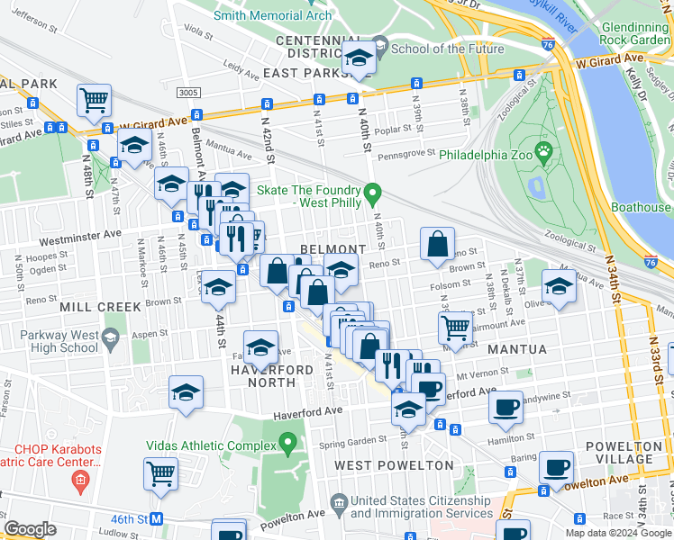 map of restaurants, bars, coffee shops, grocery stores, and more near 807 North 41st Street in Philadelphia
