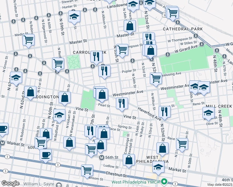 map of restaurants, bars, coffee shops, grocery stores, and more near 5526 Westminster Avenue in Philadelphia